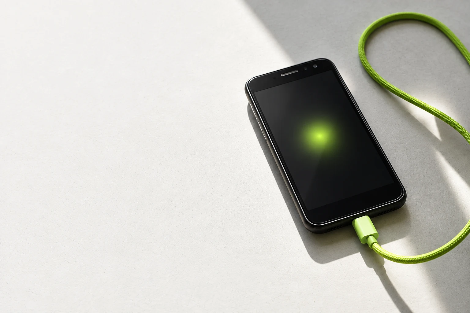 Un téléphone Android relié à un câble vert citron, prêt pour une nouvelle mission.